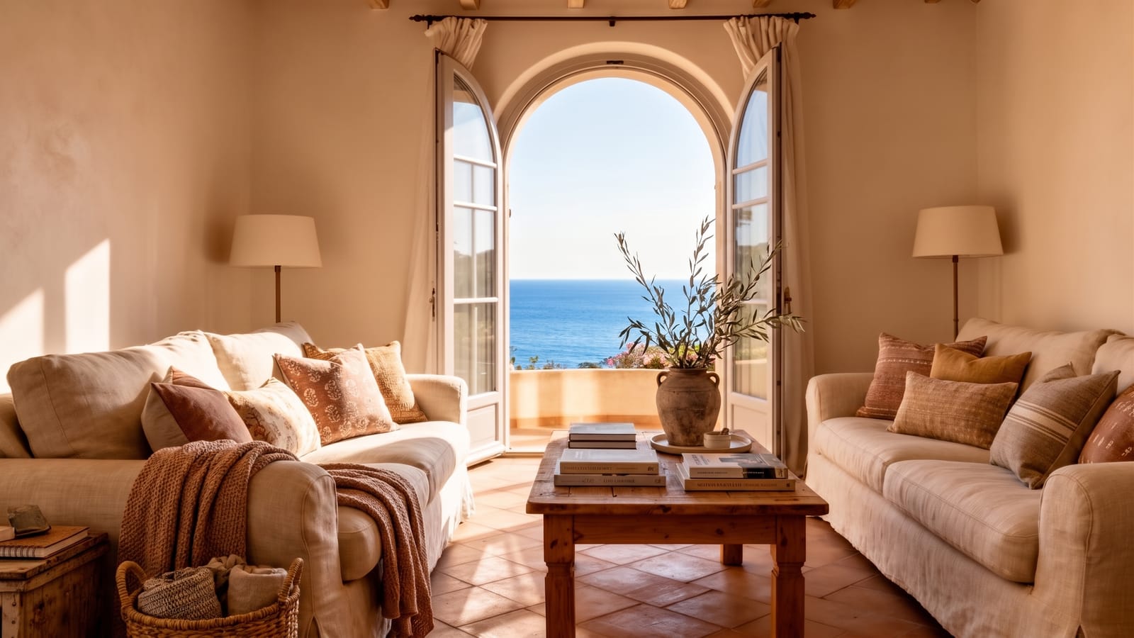 Sunlit living room with linen sofas and arched French doors open to the sea