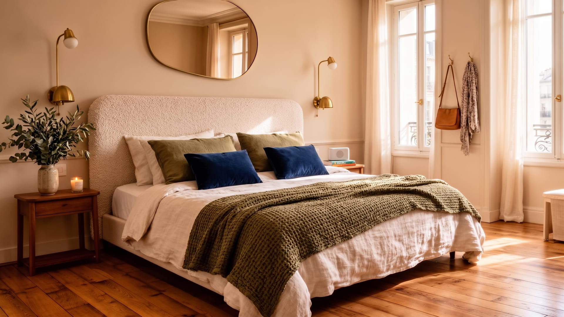 Scandi-Parisian Airbnb bedroom with boucle headboard, linen bedding, oak floors and morning light