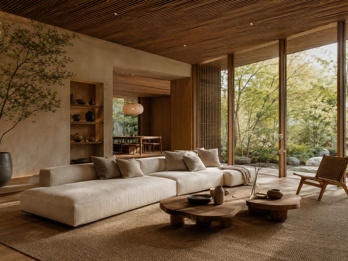 Photorealistic render of a Japandi living room with a cream sofa, a timber slatted ceiling and floor-to-ceiling windows onto a garden