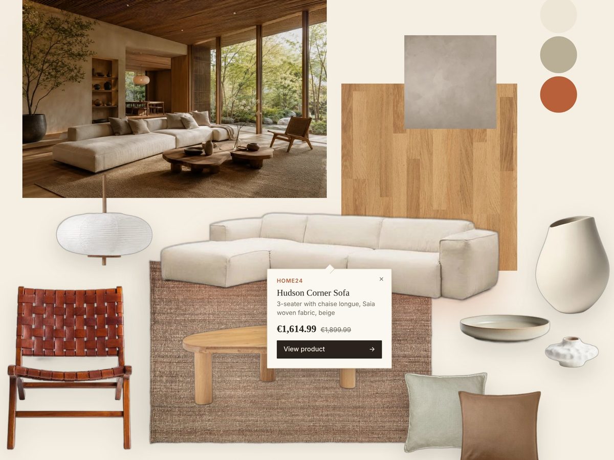 Shoppable moodboard with a living room photo, material and paint swatches, furniture and a product card for a corner sofa