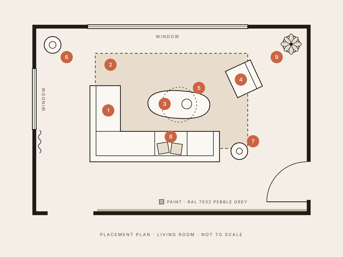 Action plan drawing of a living room with numbered furniture positions, windows, the door and the paint colour