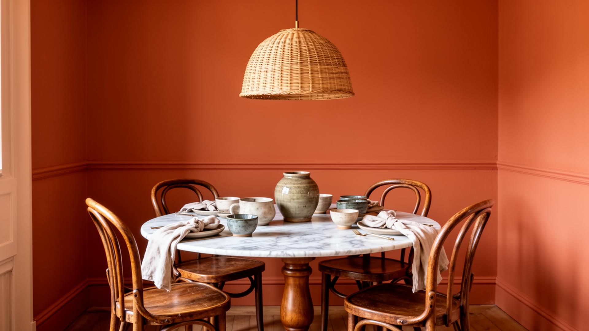 Terracotta dining room with marble table