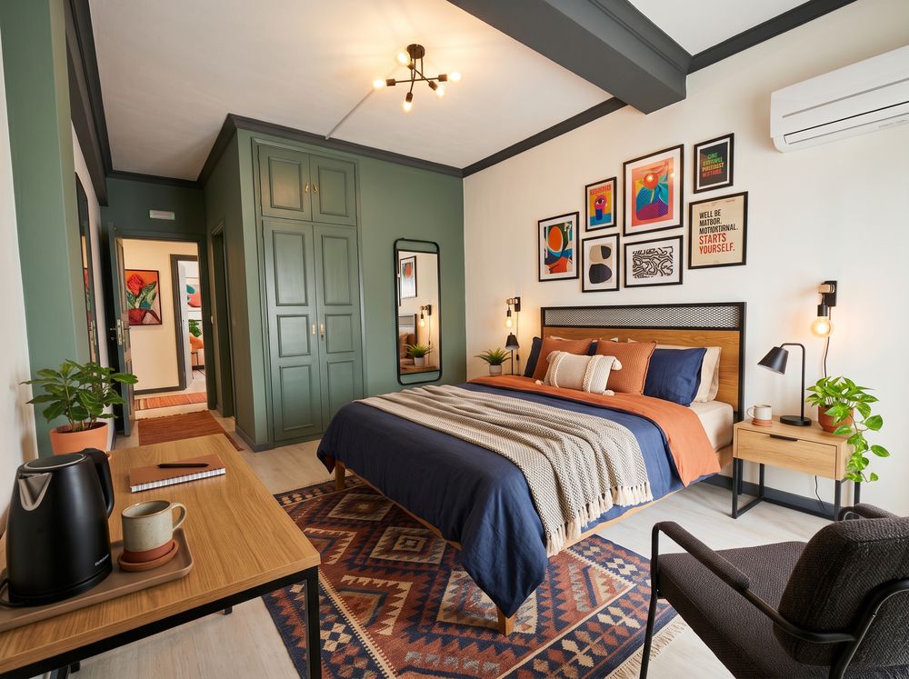 Concept A for a guest room: bold scheme with navy and orange bedding and a gallery wall