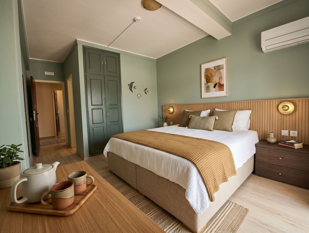 Concept B for the same guest room: calm sage scheme with a slatted timber headboard and a mustard throw
