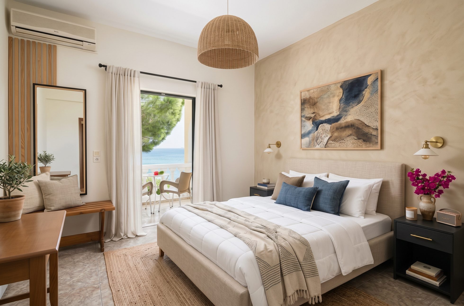Guest room after redesign, concept visual: limewashed walls, a linen headboard, soft blue cushions and a balcony door open to pine trees and the sea