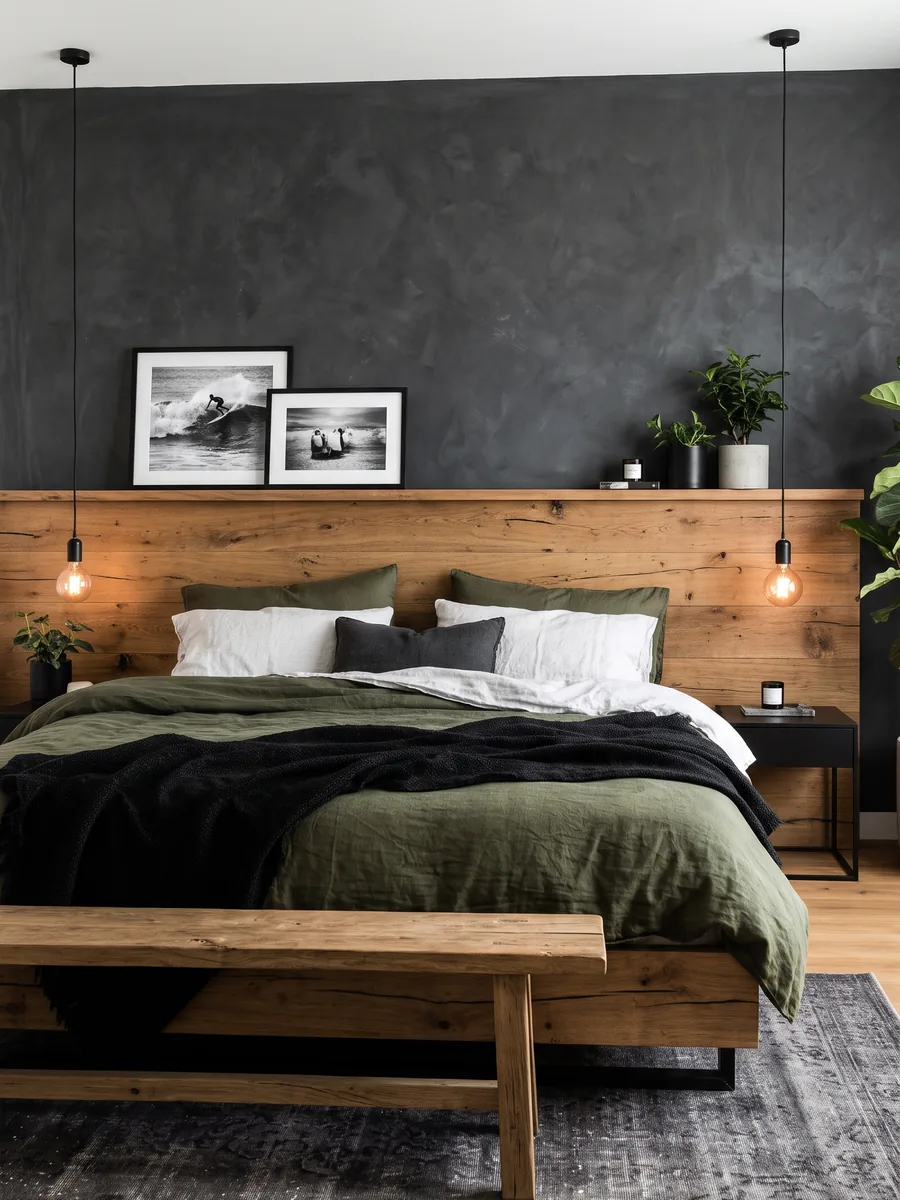 Bedroom with a charcoal wall, a reclaimed oak headboard ledge, olive linen bedding and filament pendant lights