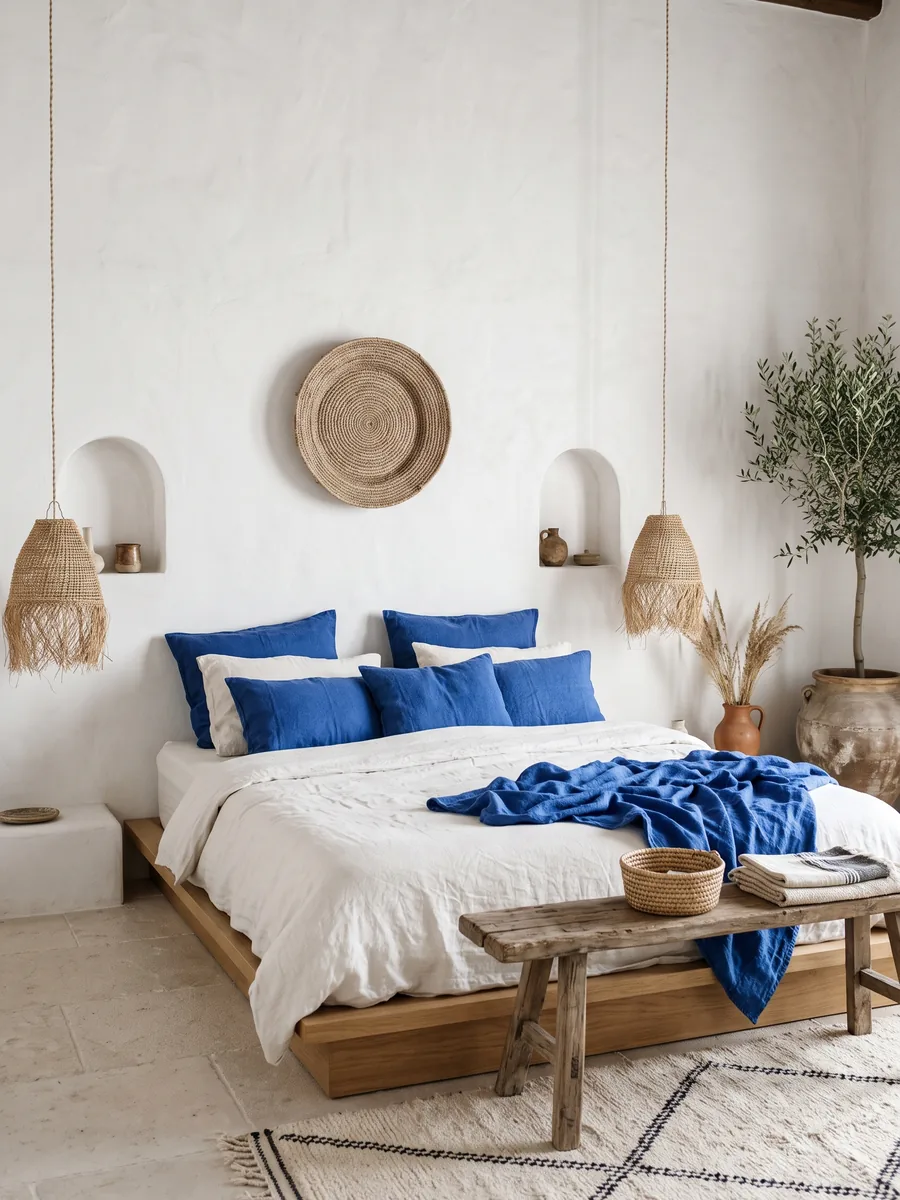 Whitewashed bedroom with cobalt blue cushions and throw, a woven wall plate and rattan pendants