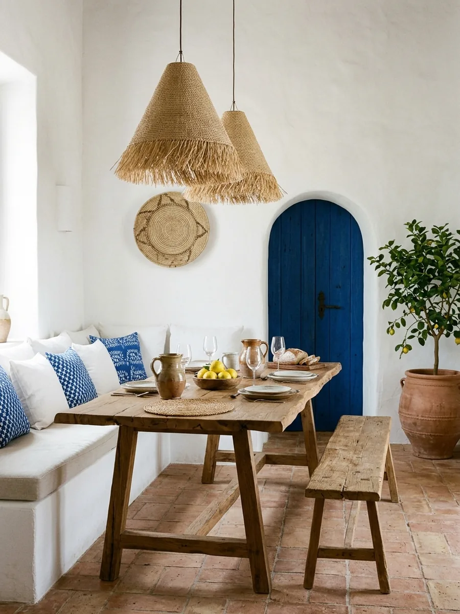 Whitewashed dining area with a built-in plaster banquette, blue cushions, a rustic wooden table and raffia pendants
