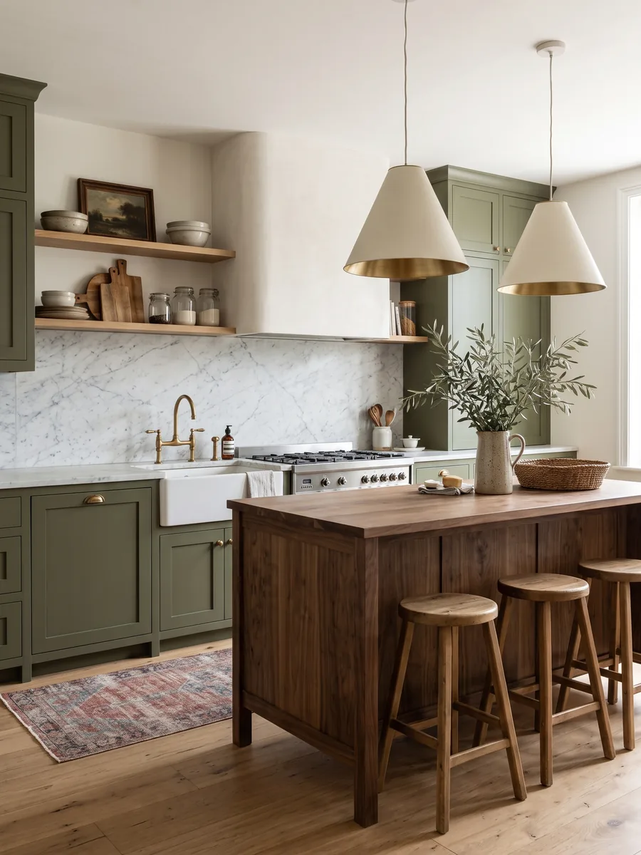 Kitchen with sage green shaker cabinets, marble worktops, brass details and an oak island with stools