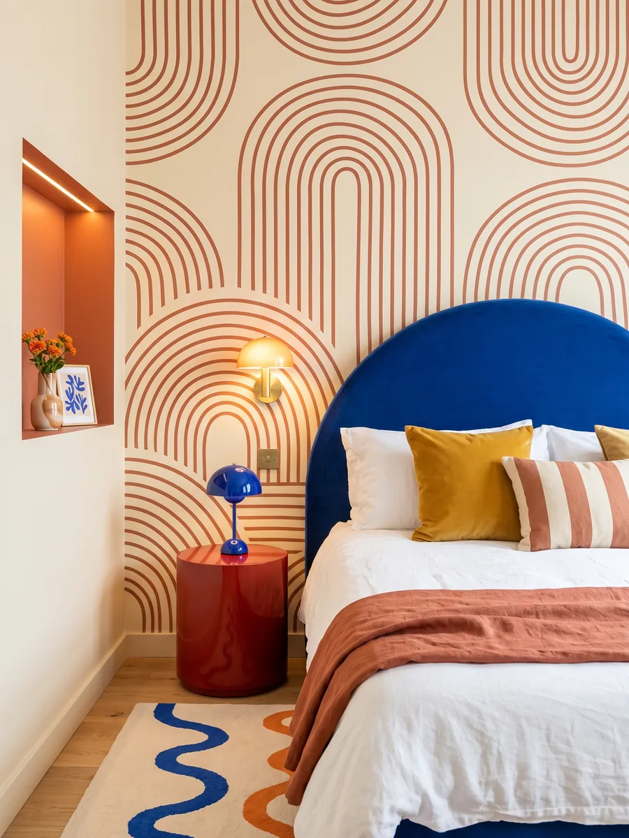 Bedroom with a rounded cobalt blue headboard, graphic arc wallpaper, a red side table and a wavy blue rug