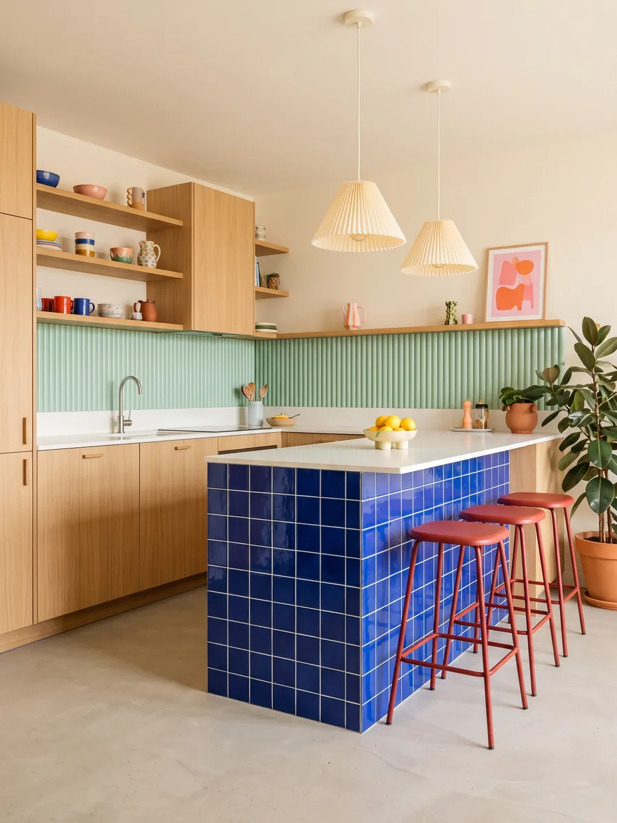 Kitchen with a cobalt blue tiled island, red bar stools, mint green panelling and oak cabinets