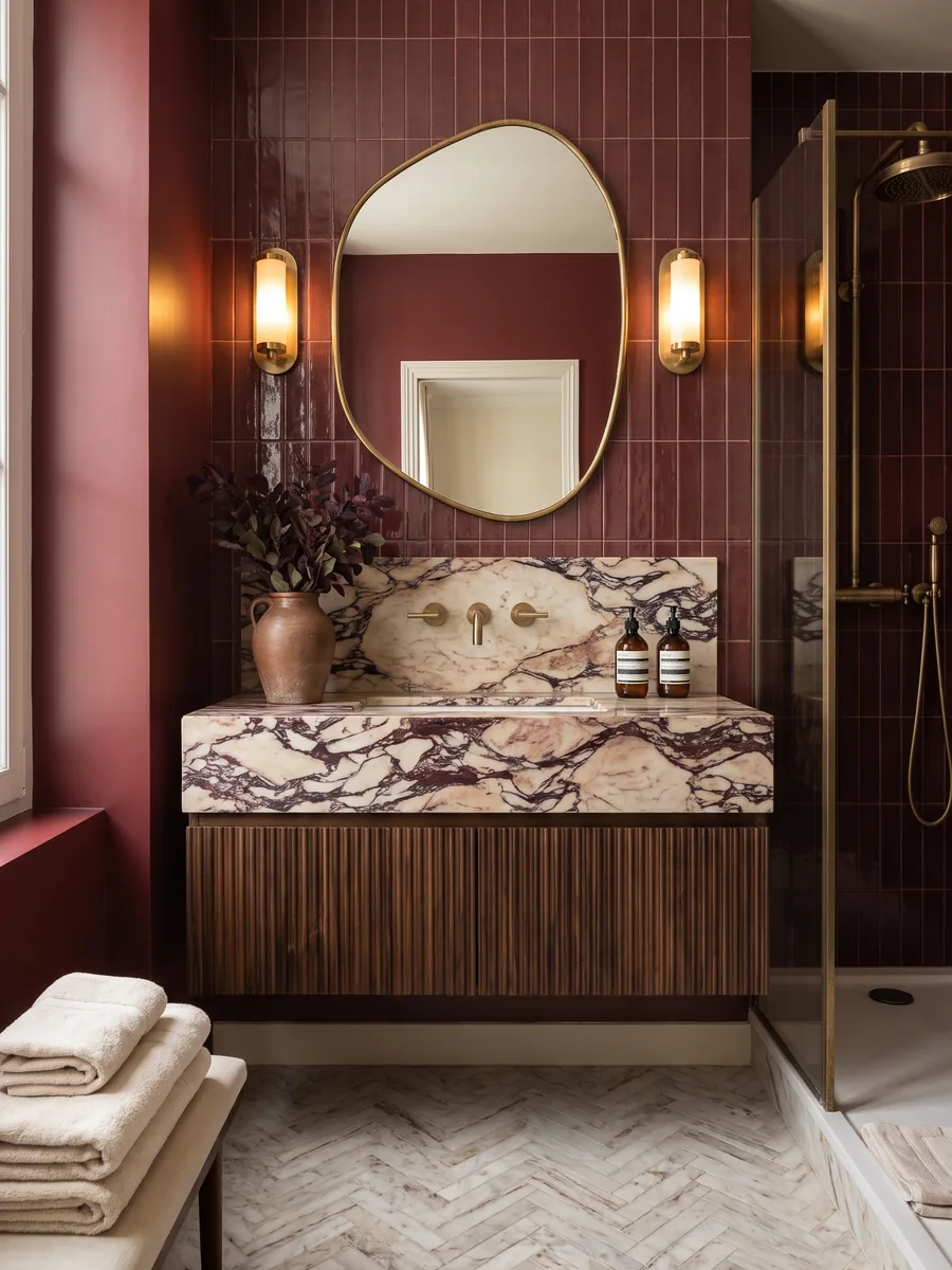Bathroom with glossy burgundy tiles, a burgundy veined marble vanity on a fluted walnut cabinet, an organic brass mirror and glowing sconces