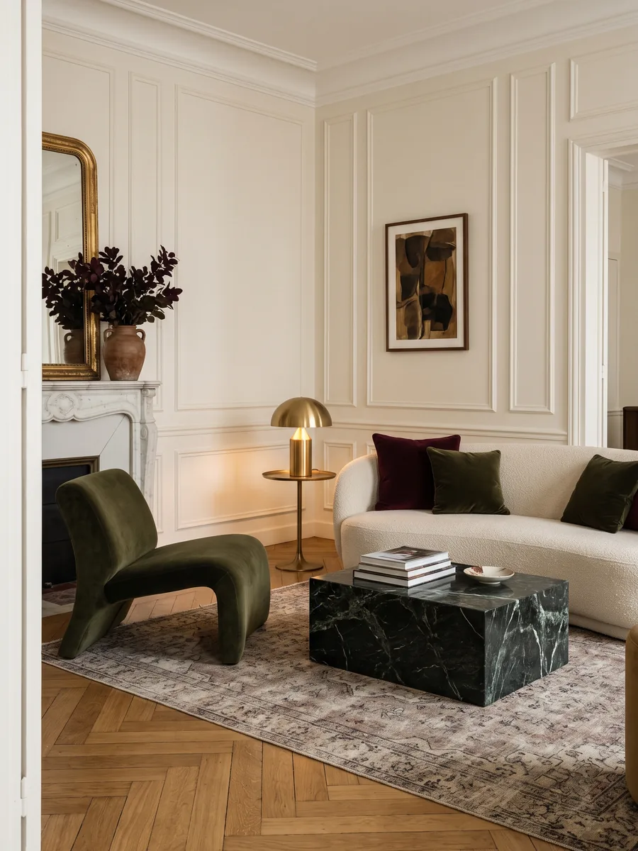 Living room with ivory panelled walls, a cream bouclé sofa, an olive velvet armchair and a dark marble coffee table