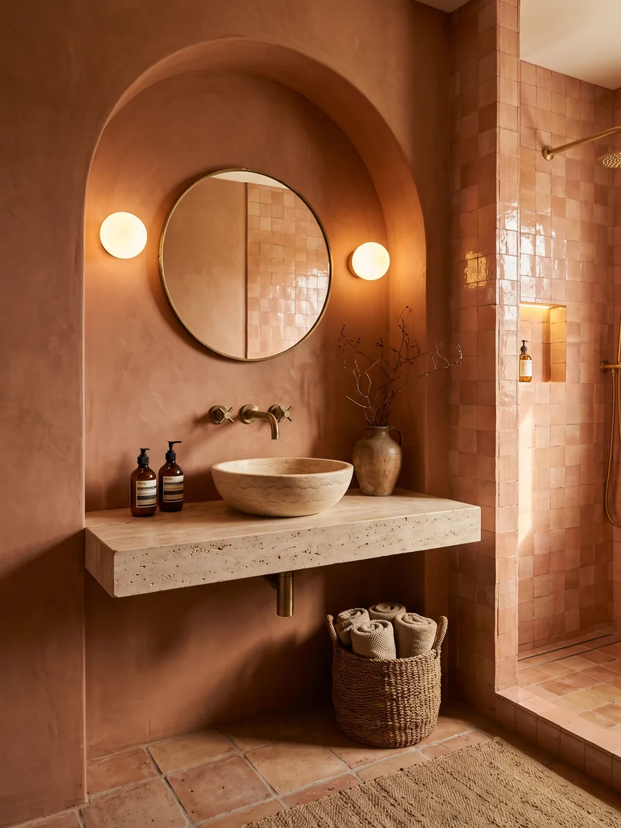 Bathroom with a terracotta plaster arched niche, a travertine vanity and a round brass mirror