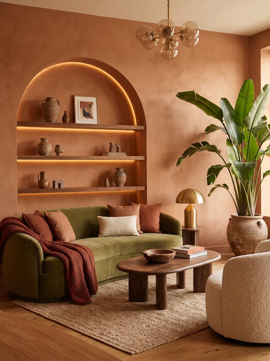 Living room with terracotta limewash walls, a lit arched shelving niche, an olive velvet sofa and a walnut coffee table