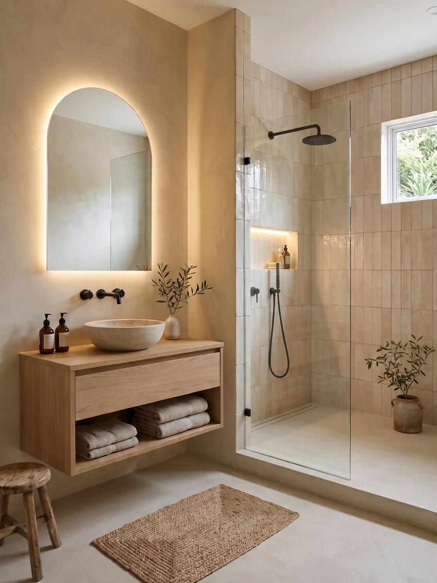 Bathroom with limewashed walls, an arched backlit mirror, a floating oak vanity and a walk-in shower