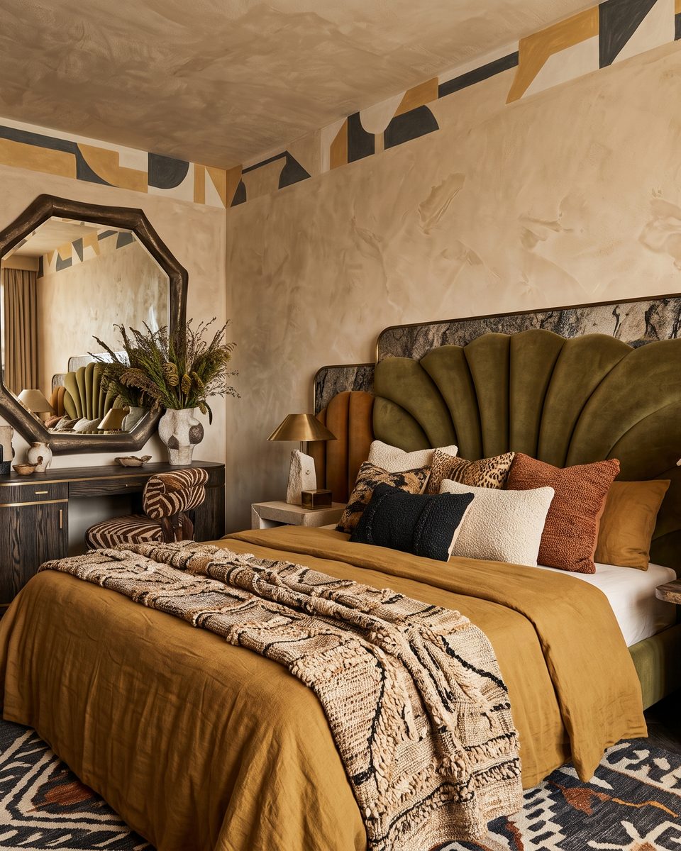 Concept for a bohemian bedroom with a scalloped green headboard, a patterned rug and a mustard throw