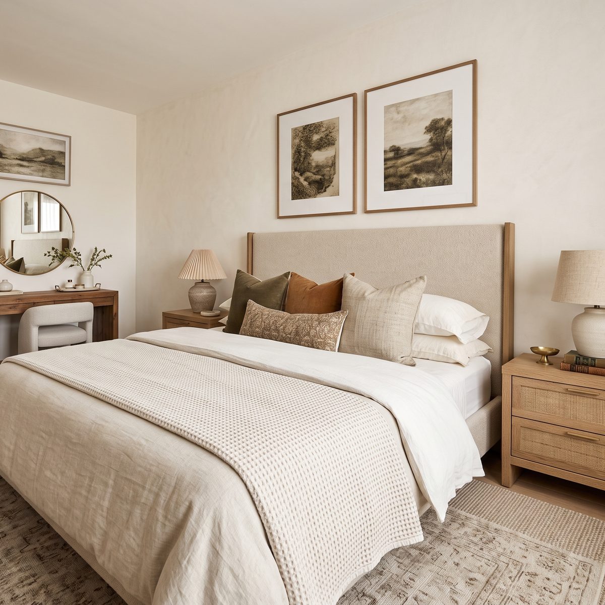 Concept for a calm bedroom with white linen, an upholstered headboard and black and white prints